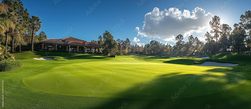 Fototapeta premium Golf Course with Clubhouse and Green Grass