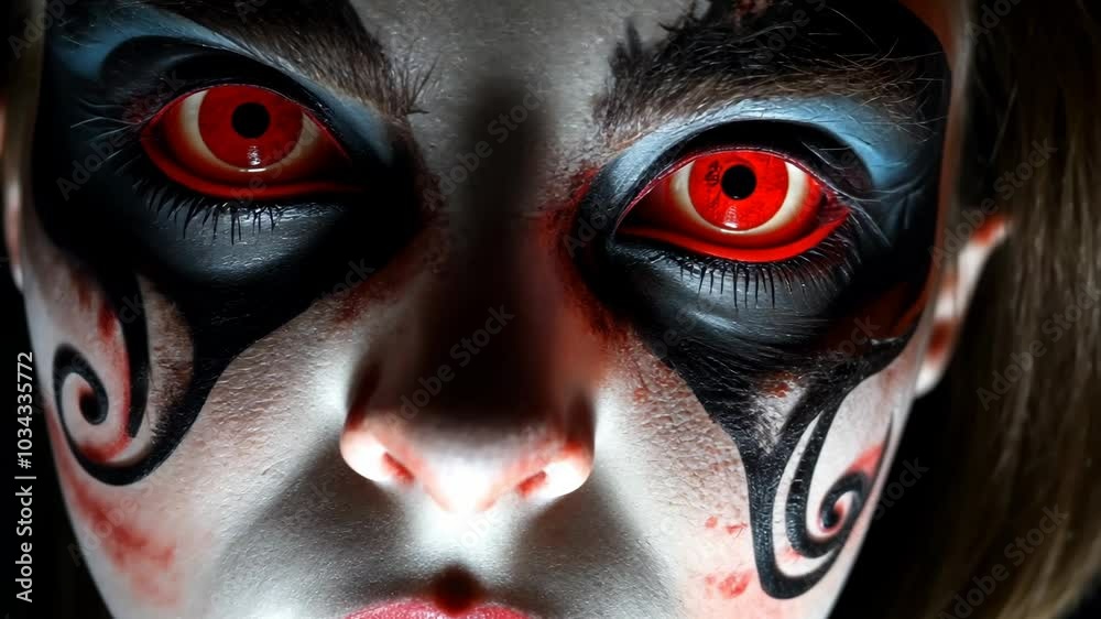 Close-up of a person with dramatic makeup, red glowing eyes, and a haunting expression. Halloween and horror stories
Close-up of a person with dramatic makeup, red glowing eyes, and a haunting expression. Halloween and horror stories