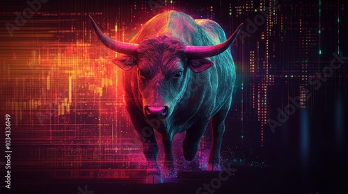 Neon Bull 3D Rendering, Cryptocurrency, Stock Market, Bullish, Investment, Growth, Finance