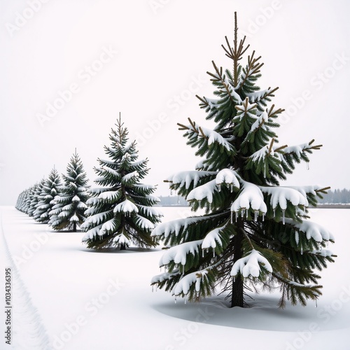 A line of solitary snowy pines stands amidst a tranquil winterscape