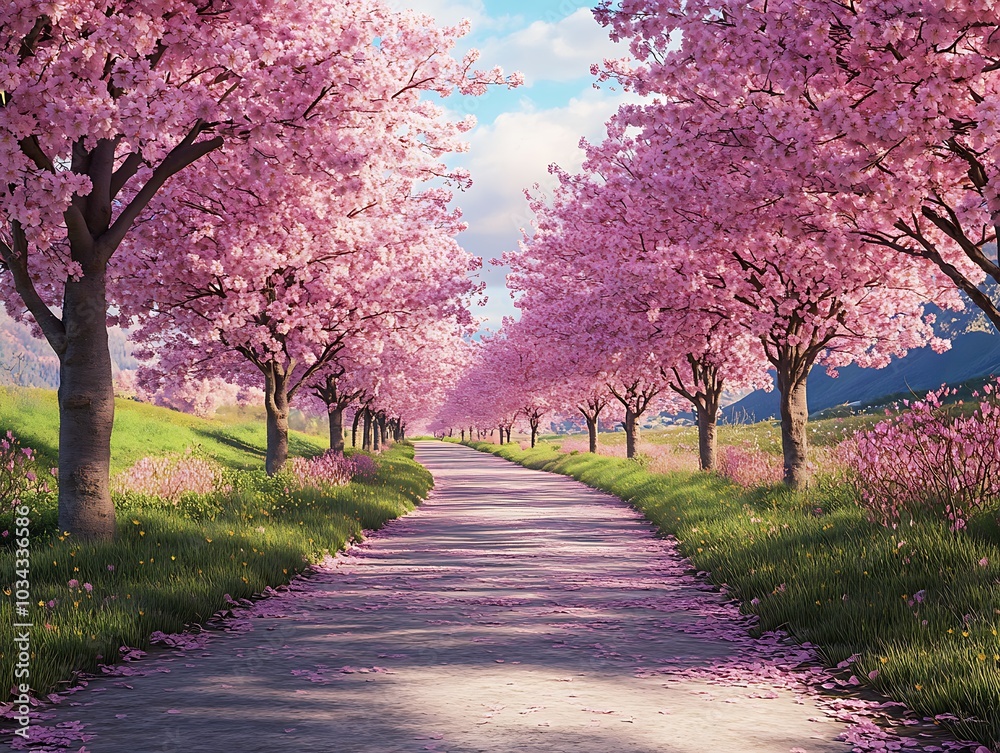 A quaint country pathway lined with blooming cherry blossom trees A quaint country pathway lined with blooming cherry blossom trees