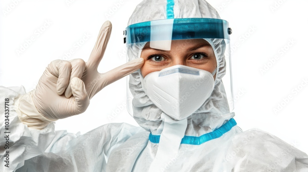 A nurse wearing protective gear, gloves, and a mask is making the victory sign with her hand A nurse wearing protective gear, gloves, and a mask is making the victory sign with her hand
