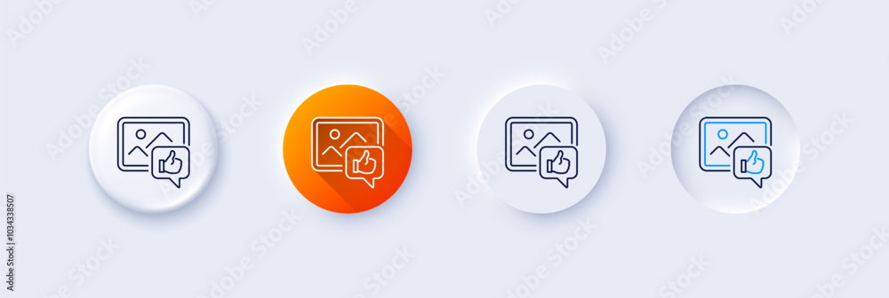 Like photo line icon. Neumorphic, Orange gradient, 3d pin buttons. Thumbs up sign. Positive feedback, social media symbol. Line icons. Neumorphic buttons with outline signs. Vector Like photo line icon. Neumorphic, Orange gradient, 3d pin buttons. Thumbs up sign. Positive feedback, social media symbol. Line icons. Neumorphic buttons with outline signs. Vector