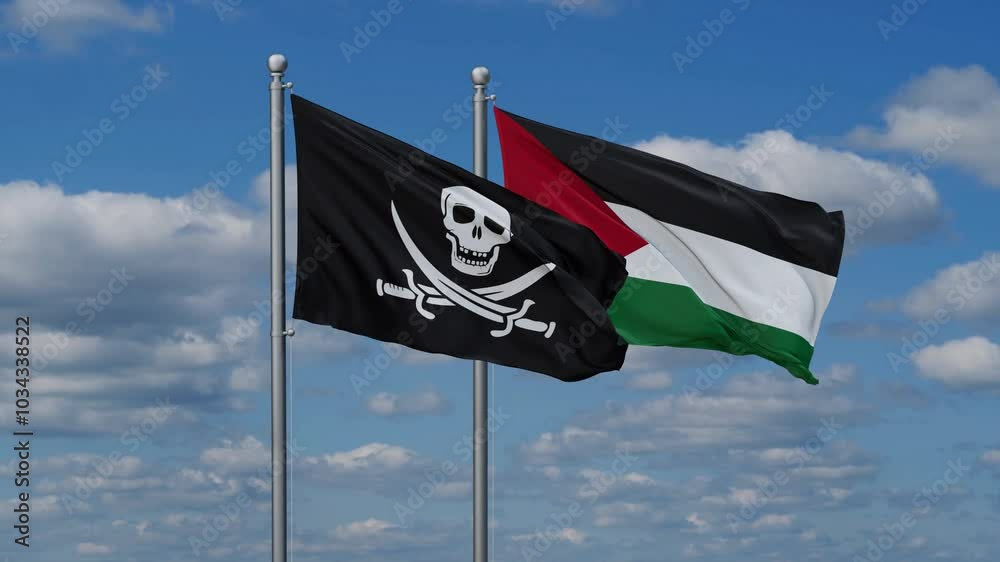 Palestine and Gaza Strip and Corsair two flags waving together on blue , video concept of the relationship Palestine and Gaza Strip and Corsair two flags waving together on blue , video concept of the relationship