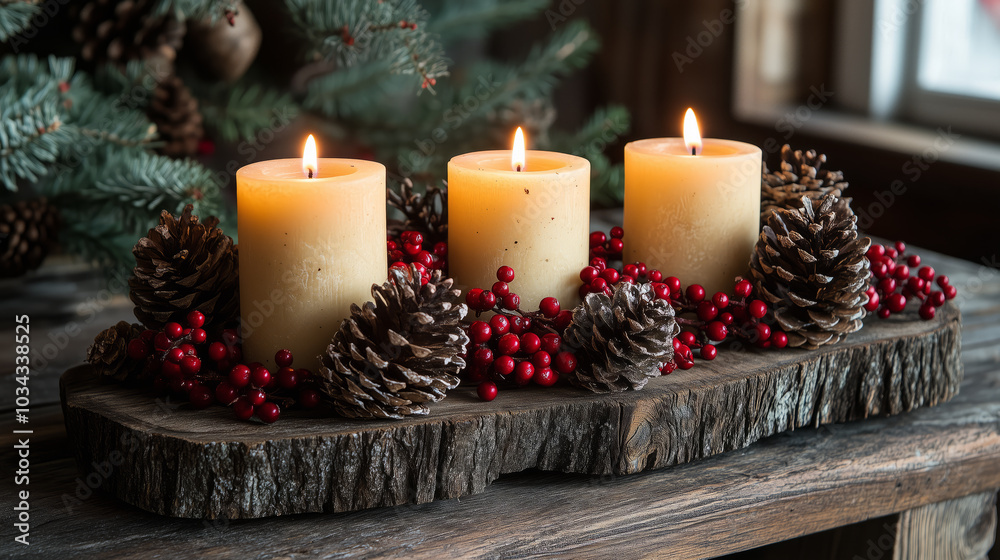 Three lit candles surrounded by pinecones, holly berries, and evergreen branches. Christmas decoration and festive ambiance with warm lighting. Holiday celebration and seasonal decor concept. Three lit candles surrounded by pinecones, holly berries, and evergreen branches. Christmas decoration and festive ambiance with warm lighting. Holiday celebration and seasonal decor concept.
