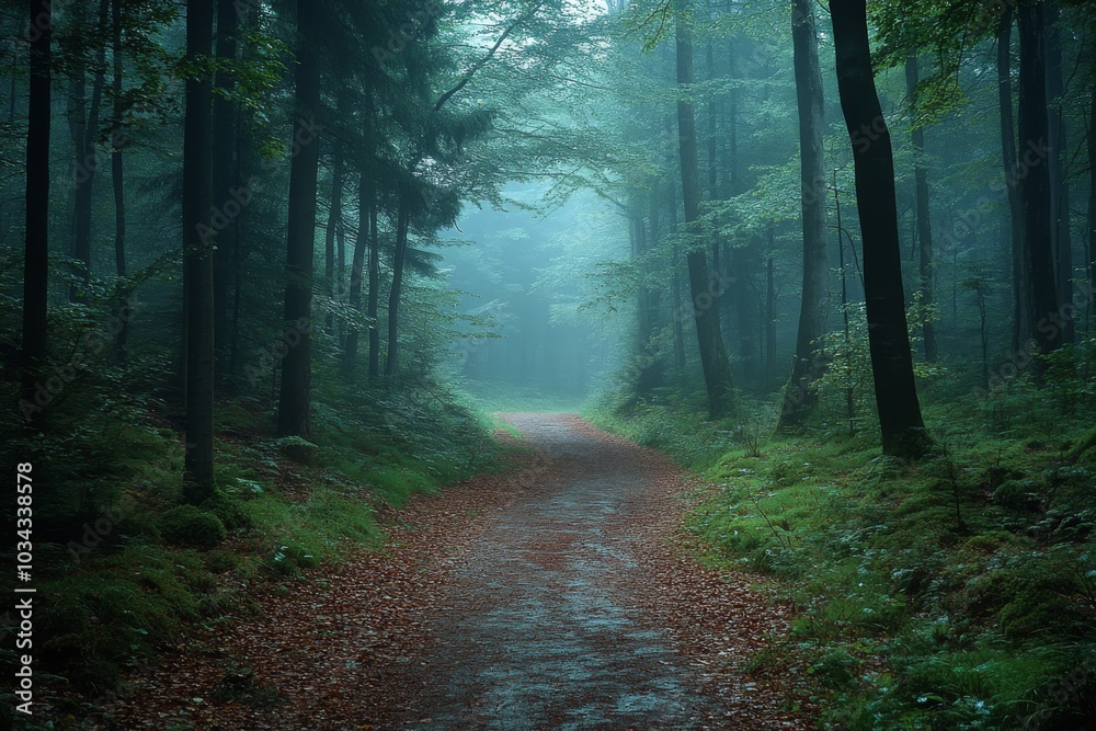 Obraz premium Misty forest path in serene woodland setting