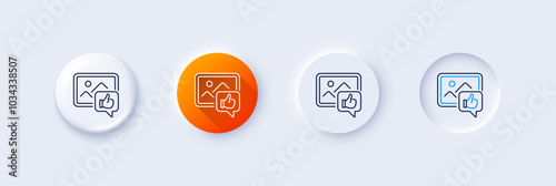 Like photo line icon. Neumorphic, Orange gradient, 3d pin buttons. Thumbs up sign. Positive feedback, social media symbol. Line icons. Neumorphic buttons with outline signs. Vector