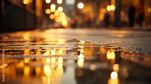 Abstract night rain reflections of light in puddles on asphalt creating a unique blur and shine