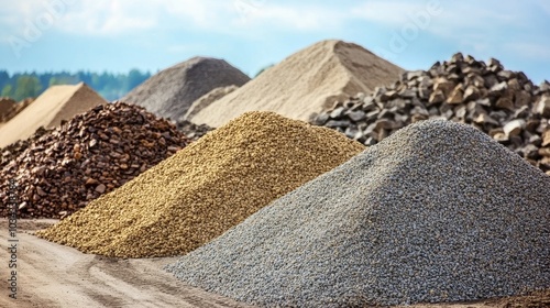 Large piles of gravel and sand fill the construction yard ready for upcoming projects photo