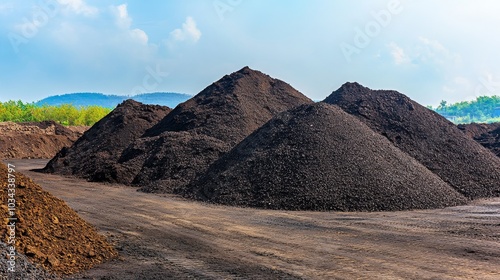 Mountains of iron ore stand ready for processing as nature’s beauty surrounds them