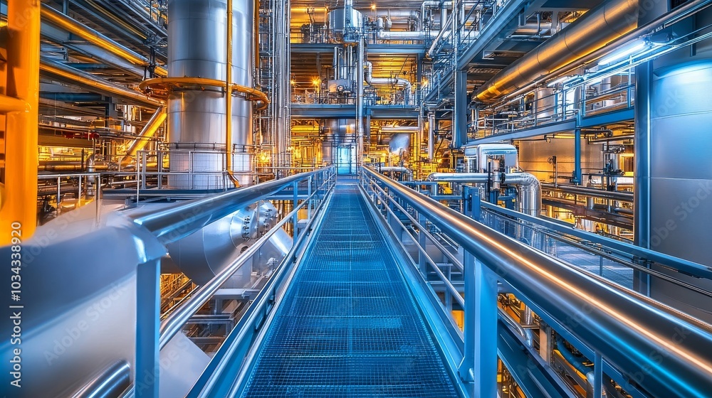 Metal walkways and piping systems create a dynamic environment in a chemical facility Metal walkways and piping systems create a dynamic environment in a chemical facility