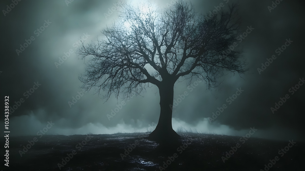 A tree stands alone in a dark field. The sky is cloudy and the moon is shining brightly. Scene is eerie and mysterious A tree stands alone in a dark field. The sky is cloudy and the moon is shining brightly. Scene is eerie and mysterious