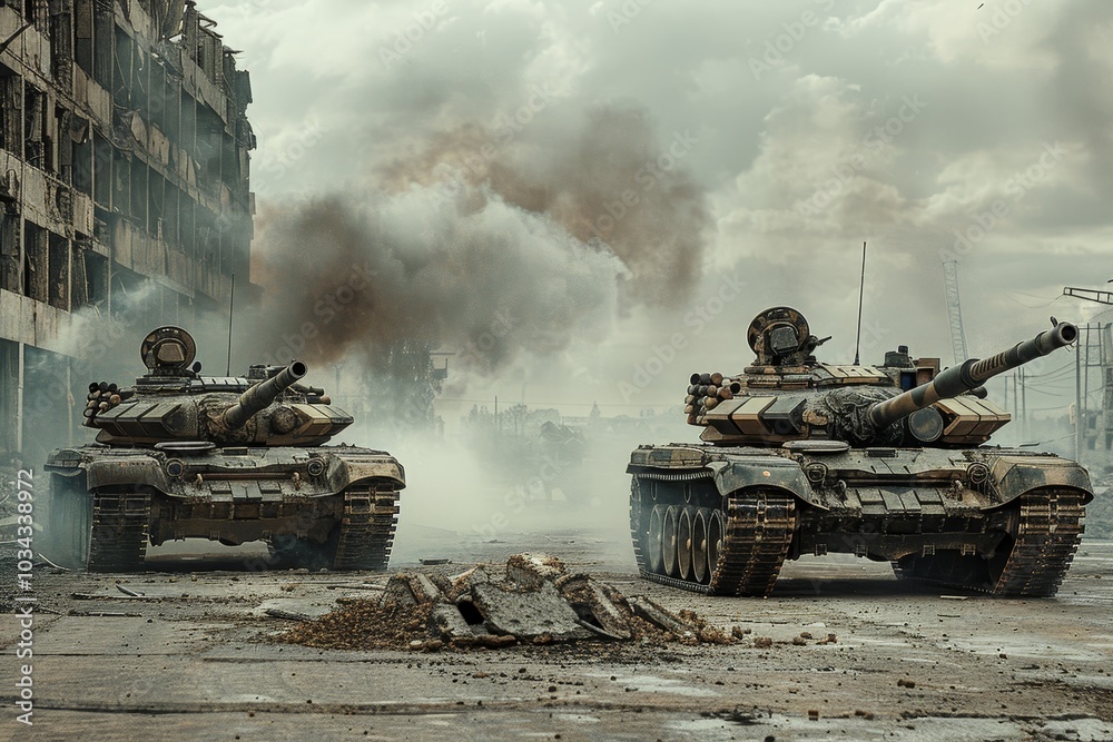 Move Vs Tank Two military tanks move through a devastated urban area filled with ...