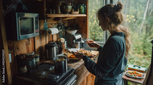 Woman Preparing Food in a Compact Kitchen in Her Off-Grid Cabin with Solar-Powered Appliances