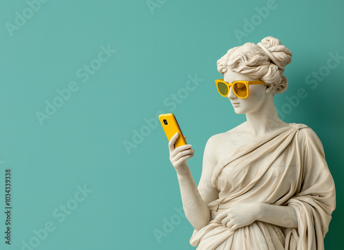 Ancient female statue wearing sunglasses, texting on a cell phone. Social media retrofuturism background