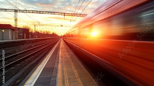 High-speed orange passenger train moving at railway station platform at sunset. Train station. Modern railway transportation concept with blurred motion effect. Railroad. Commercial transport.