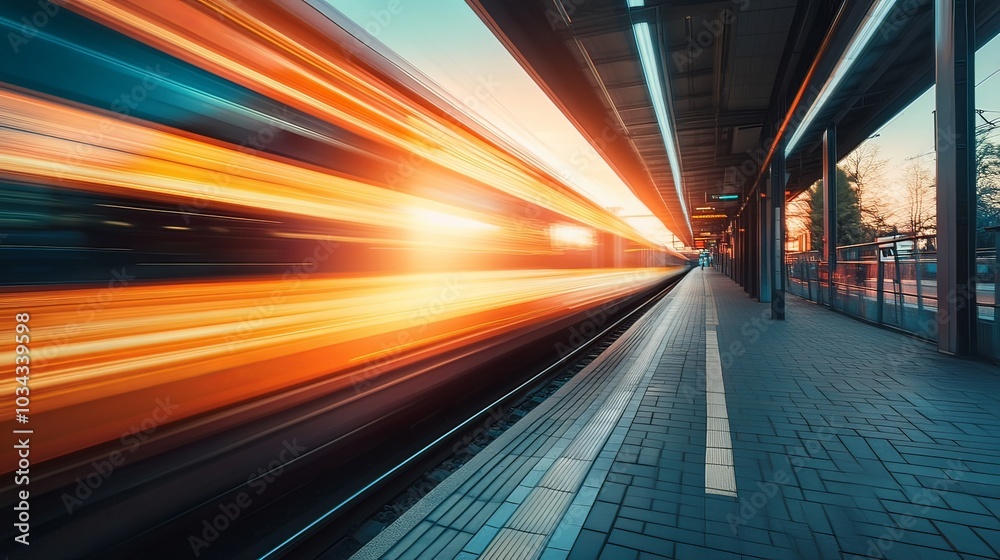 High-speed orange passenger train moving at railway station platform at sunset. Train station. Modern railway transportation concept with blurred motion effect. Railroad. Commercial transport. High-speed orange passenger train moving at railway station platform at sunset. Train station. Modern railway transportation concept with blurred motion effect. Railroad. Commercial transport.