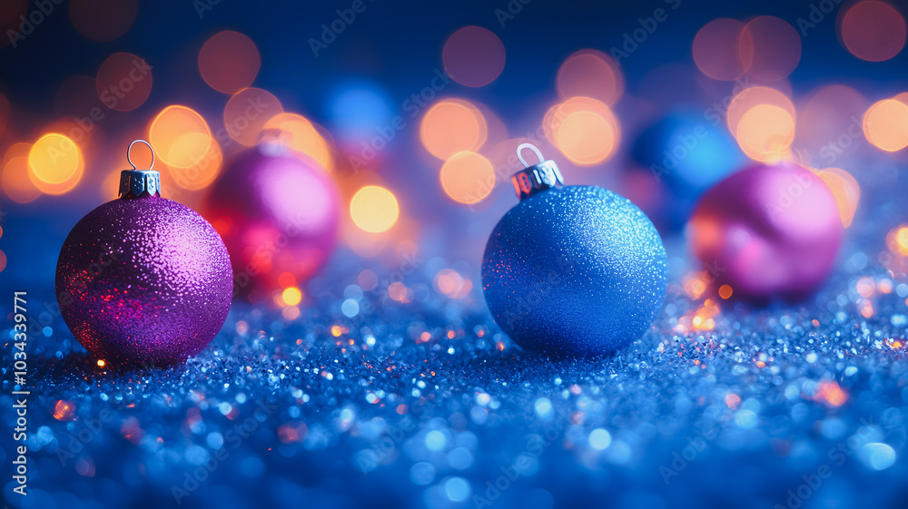 A blue and pink ornament is placed on a blue and silver background. The blue ornament is surrounded by other blue and pink ornaments, creating a festive and colorful scene
