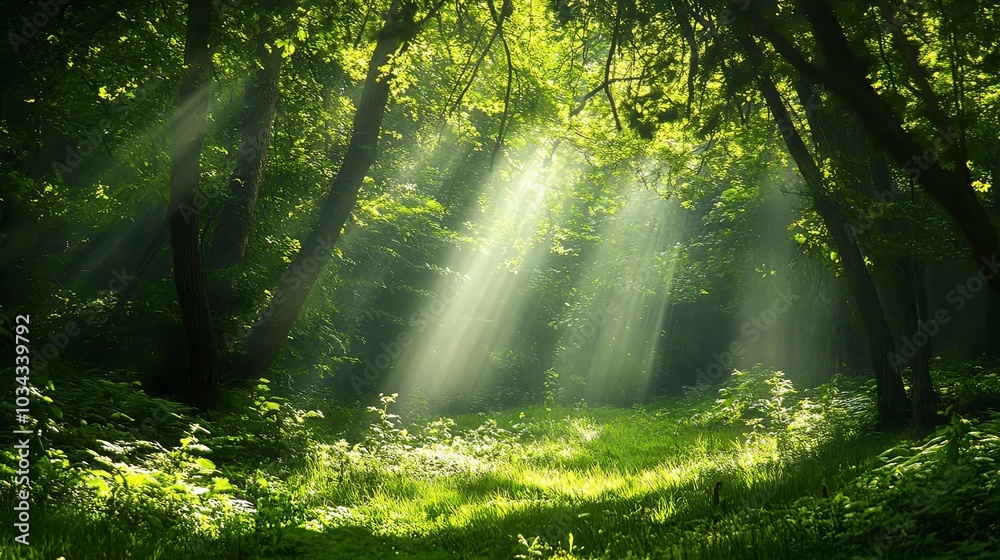 Lush green forest canopy with sunbeams streaming through. Lush green forest canopy with sunbeams streaming through.
