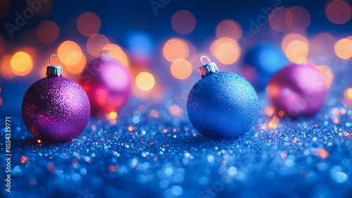 A blue and pink ornament is placed on a blue and silver background. The blue ornament is surrounded by other blue and pink ornaments, creating a festive and colorful scene