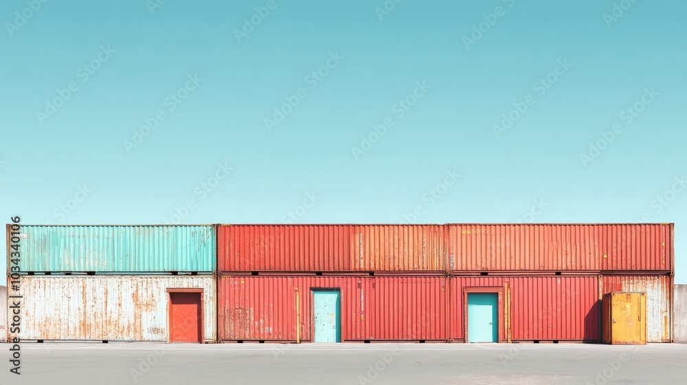 Vibrant containers are stacked harmoniously at the dockyard showcasing bright colors Vibrant containers are stacked harmoniously at the dockyard showcasing bright colors