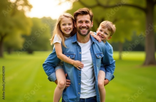 Young father holding children on his back, everyone laughing, having fun, great relationship