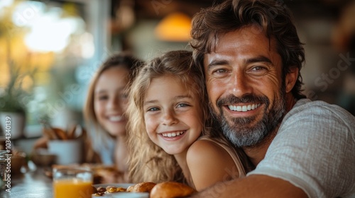 A father beams with joy as he shares a breakfast with his two children at a cozy cafe. They savor delicious food and enjoy each other s company  creating cherished memories.
