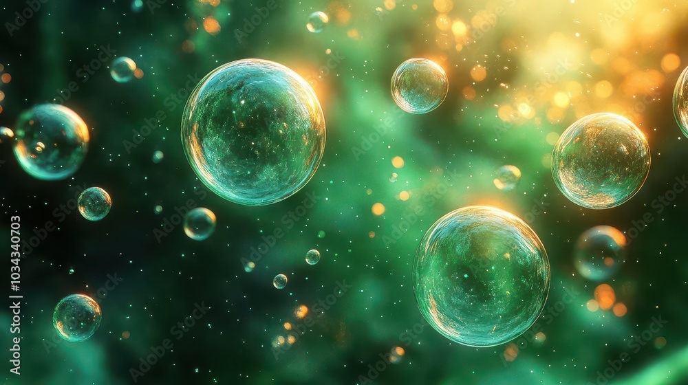 emerald green bubbles floating in a shimmering liquid reflecting vibrant light the scene captures the essence of hydrogen as a water element with a subtle glow enhancing the mystical feel emerald green bubbles floating in a shimmering liquid reflecting vibrant light the scene captures the essence of hydrogen as a water element with a subtle glow enhancing the mystical feel
