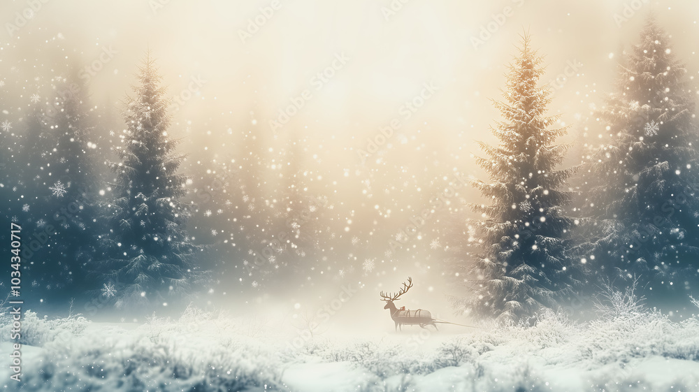 Naklejka premium A deer is walking through a snowy forest. The snow is falling and the trees are bare