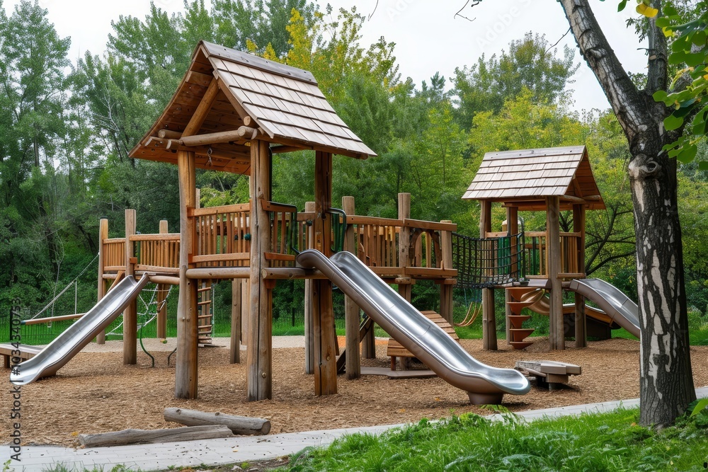 Children enjoy the outdoor wooden playground featuring slides and climbing structures, surrounded by lush greenery and a serene atmosphere during autumn. Children enjoy the outdoor wooden playground featuring slides and climbing structures, surrounded by lush greenery and a serene atmosphere during autumn.