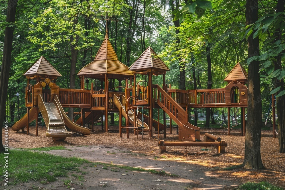 A beautifully crafted wooden playground features multiple slides and towers, nestled among lush green trees in a peaceful park setting, perfect for children's play. A beautifully crafted wooden playground features multiple slides and towers, nestled among lush green trees in a peaceful park setting, perfect for children's play.