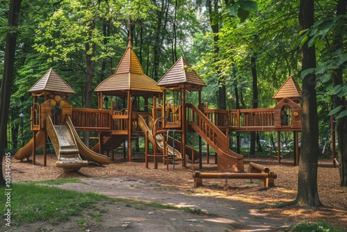 A beautifully crafted wooden playground features multiple slides and towers, nestled among lush green trees in a peaceful park setting, perfect for children's play.