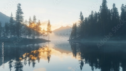 Misty Sunrise Over a Tranquil Lake with Silhouetted Pine Trees