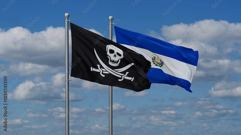 Republic of El Salvador and Corsair flags flying together, video concept of the relationship, two country cooperation concept Republic of El Salvador and Corsair flags flying together, video concept of the relationship, two country cooperation concept