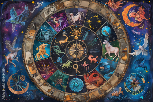 Astrological Zodiac Symbol Chart with Detailed Constellations and Celestial Background in Artistic Circular Layout photo
