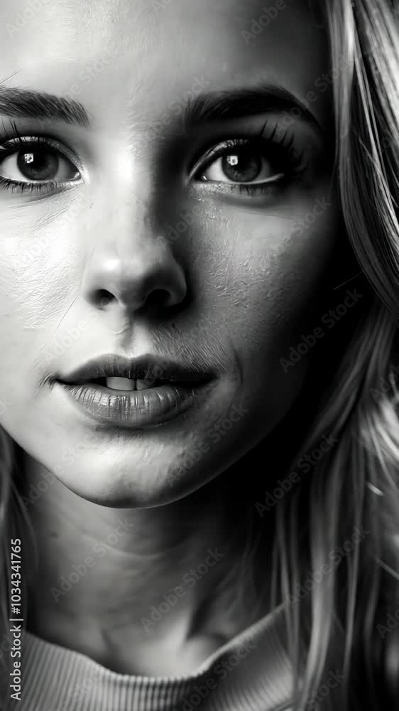Portrait of a young woman with long hair in a dramatic black and white setting showcasing expressive features and captivating eyes Portrait of a young woman with long hair in a dramatic black and white setting showcasing expressive features and captivating eyes
