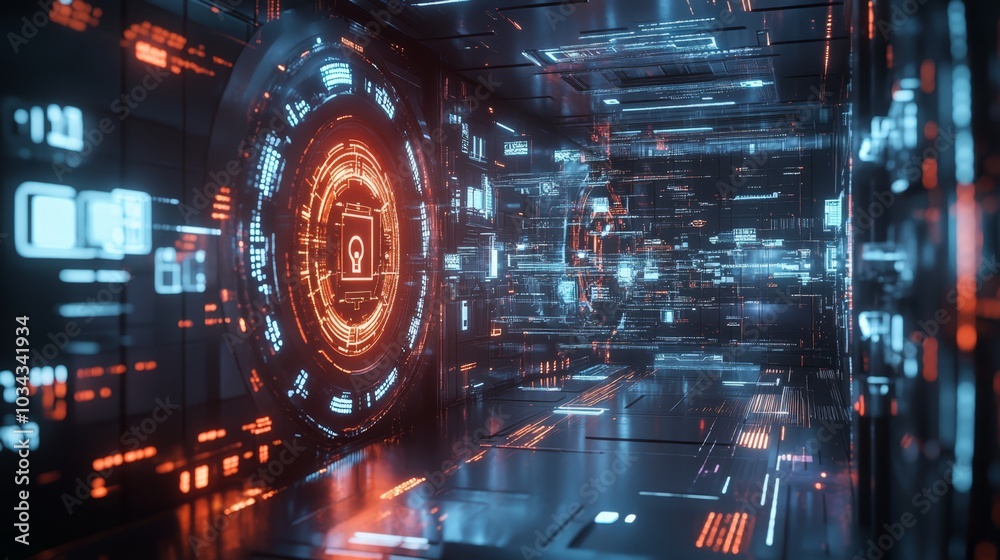 A futuristic digital vault featuring virtual locks, encryption symbols, and holographic screens in a sleek, high-tech environment A futuristic digital vault featuring virtual locks, encryption symbols, and holographic screens in a sleek, high-tech environment