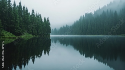 Foggy Mountain Lake Reflecting Pine Trees