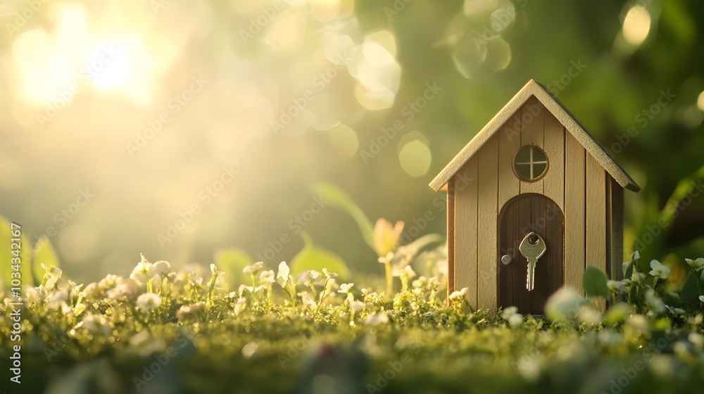 A miniature house with a golden key hanging at its entrance, illuminated by the warm glow of the setting sun. A miniature house with a golden key hanging at its entrance, illuminated by the warm glow of the setting sun.