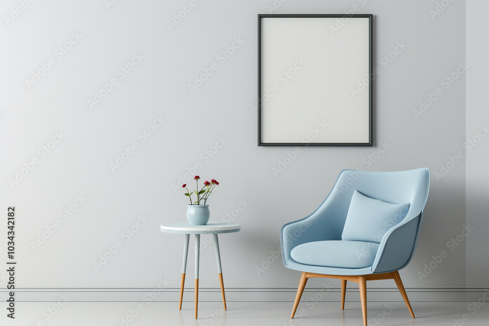 Bright room with a blue armchair on the wall hanging an empty frame, mockup Bright room with a blue armchair on the wall hanging an empty frame, mockup