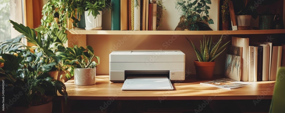 A printer on a wooden desk with plants. A printer on a wooden desk with plants.
