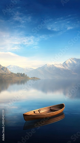 Golden sunlight reflects on the calm lake waters, illuminating a solitary wooden boat drifting near the shore, with mountains standing in the background.