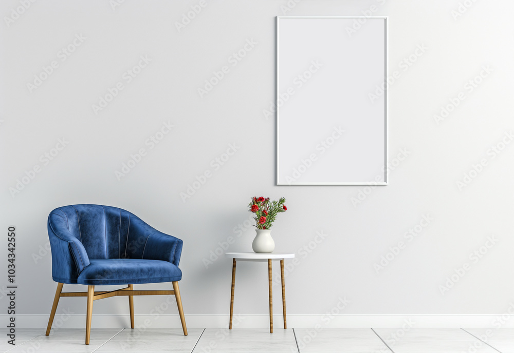 Bright room with a blue armchair on the wall hanging an empty frame, mockup Bright room with a blue armchair on the wall hanging an empty frame, mockup