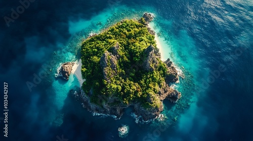 Aerial view of a lush green island with white sandy beaches surrounded by crystal clear turquoise water.