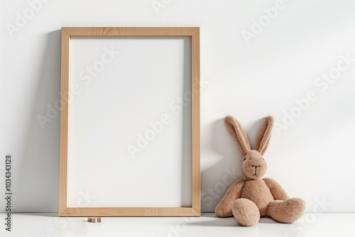 In a children's room, an empty wooden frame hangs on a light wall; a soft toy rabbit sits next to it.