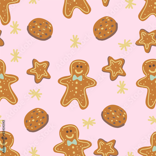 Gingerbread cookie seamless pattern. Christmas sweets on pink background.