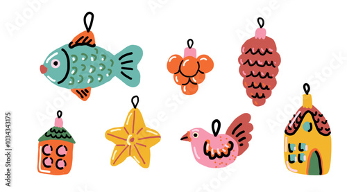 Vintage Christmas bauble. Set of retro decoration on white background. Christmas bauble in the shape of pinecone, fish, acorn, star, bird. Naive art illustration.