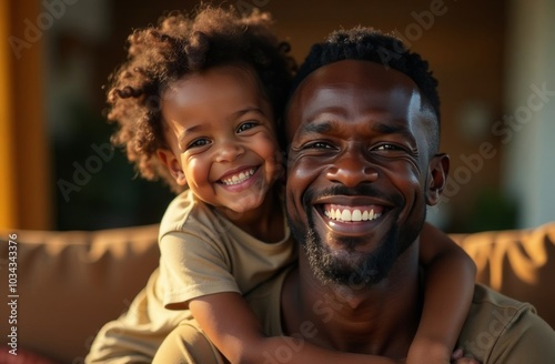 Young African father hugging his child at home, both laughing, having fun, wonderful relationship