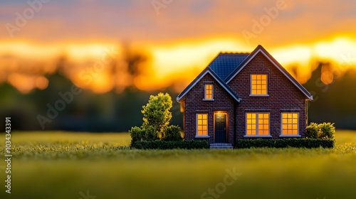 This enchanting image captures a beautiful home with warm lights glowing through the windows, set against a lush, green landscape at dusk. 