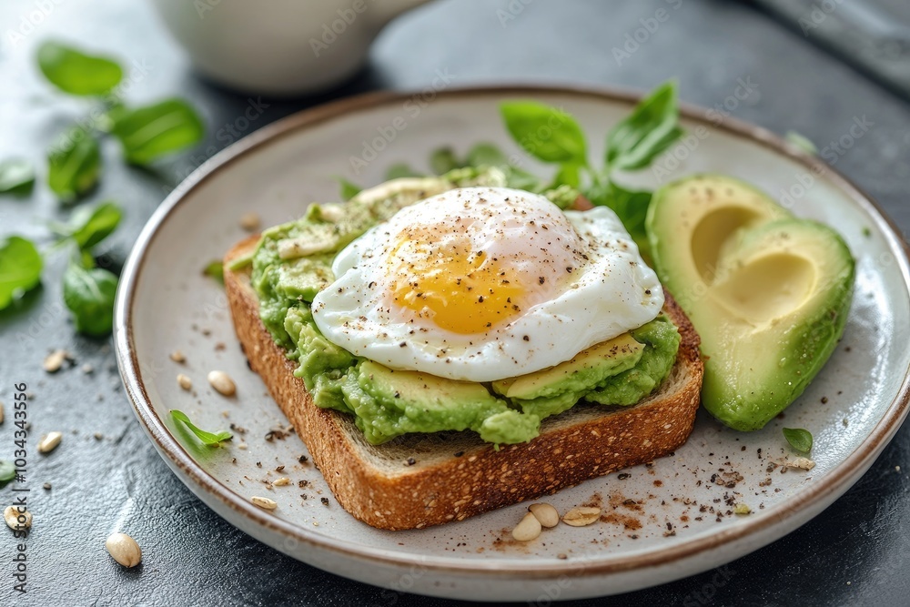 Healthy Avocado Toast with Egg on Rustic Plate in Natural Light Setting Healthy Avocado Toast with Egg on Rustic Plate in Natural Light Setting